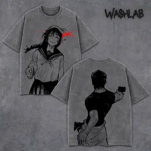 Retro Riko Amanai Toji - JJK Graphic Tee Double Sided Print WOOF Cute Dog Chainsaw Devil Oversized Acid-Washed Heavyweight Cotton T-Shirt – Unisex Anime Manga Tee, Perfect Gift for Anime Fans and Lovers Menswear Tops