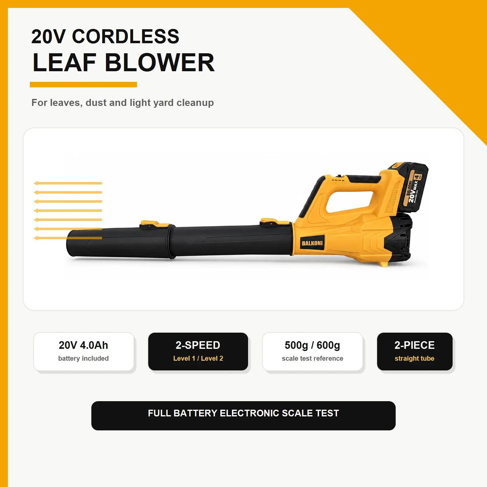 Cordless Leaf Blower, 20V Battery-Powered Garden Tool (1 or 2 Batteries & Charger Included), 600g Max Wind Force, 2-Speed Modes, Portable for Courtyards, Lawns, Car Drying