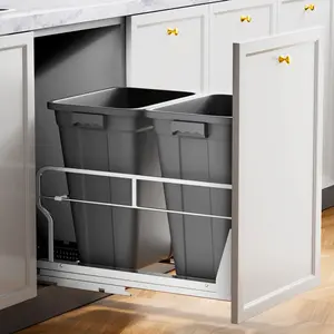 [Trash Can Included] Insputer Double 40QT Pull Out Trash Can Set Under Cabinet, Heavy Duty Under Sink Garbage Bin Kit with Soft-Close Slides for Kitchen, Laundry, Requires Minimum Cabinets Opening 18" W X 24" D Smooth Stainless Steel Trash Can Shelf