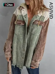 Women's Colorblock Button Front Corduroy Jacket, Casual Drop Shoulder Long Sleeve Outerwear For Fall & Winter, Ladies Clothes For Daily Wear, Coats