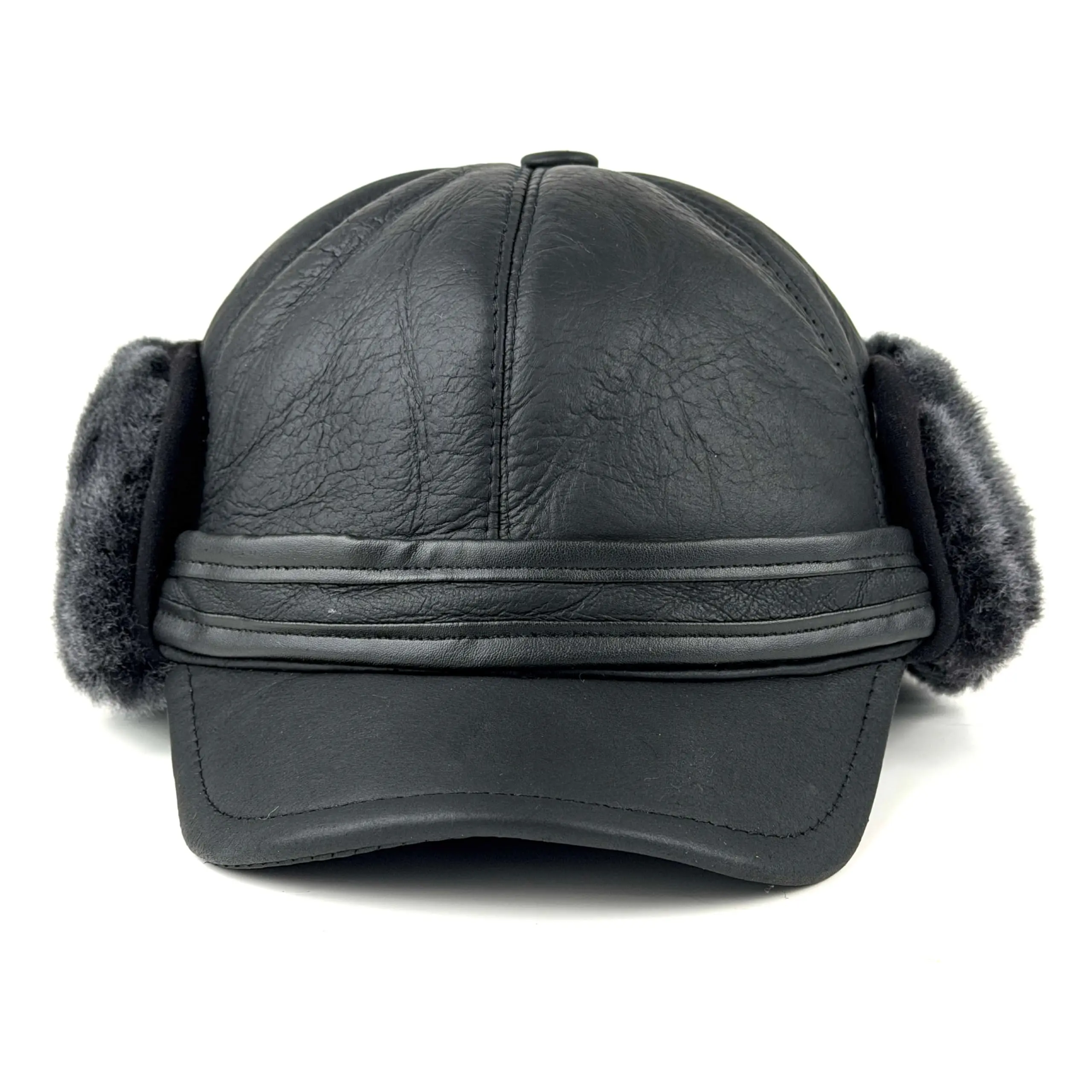 Black Sheepskin Leather Trapper Hat for Men – Aviator Winter Cap with Genuine Sheepskin Ear Flaps Russian Ushanka