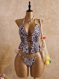 New Women's Daily Swimwear Set, Halter Bikini Swimsuit, Leopard Print Bikinis, Deep V Neck Halter Top & Triangle Bottoms, Sexy Colorblock Design, All Seasons