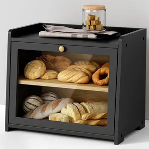 Double Layer Bread Box for Kitchen Countertop, Large 2 Tier Wood Farmhouse Vintage Bread Storage Container for Homemade Bread, Fits Corner Cabinet Pantry (Black)