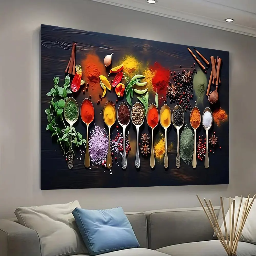 Vibrant 2D Printed Herbal and Spice Themed Canvas Wall Art, Waterproof & Durable Wooden Decor with Solid Wood Frame and Hanging Hardware, Perfect for Kitchen, Dining Room and Holiday Gifts wicked good large