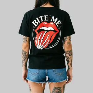 “Bite Me” Graphic T-Shirt for Women – Edgy Lips & Skeleton Hand Print Tee, Y2K Aesthetic Streetwear Top