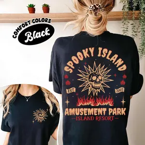 Double-sided Ghost Island theme amusement park shirt, 2000s retro movie shirt, disco skull pattern, summer horror, 90s nostalgic T-shirt
