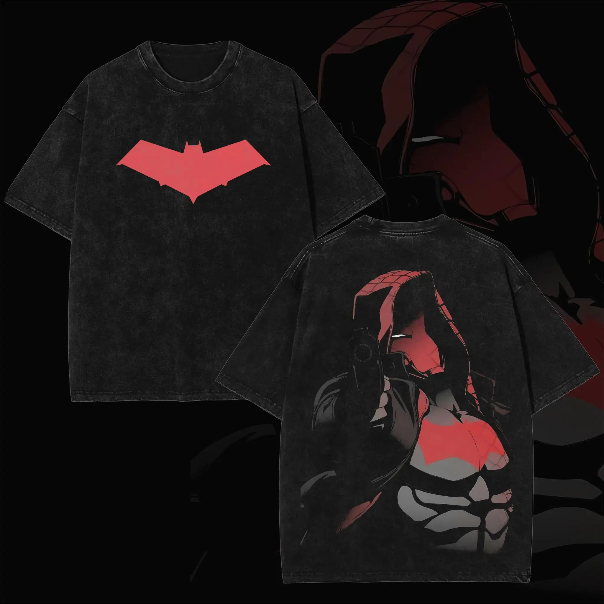Retro Red Hood "Pointing Vigilante" Edition Graphic Double-Sided Vintage Washed T-Shirt, Unisex Oversized Heavyweight Cotton Streetwear Top, Ideal Gift for DCU Fans & Anti-Hero Collectors