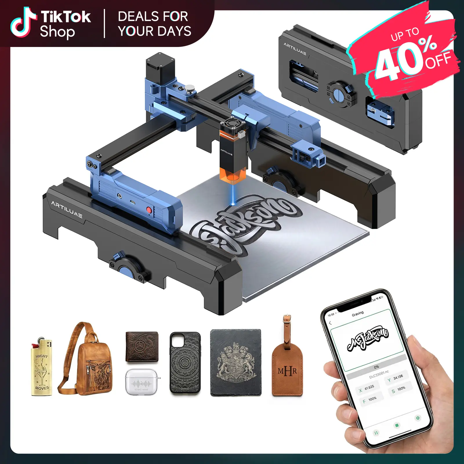Portable Laser Engraving Machine, APP Control, 3s Quick Setup, Foldable Design with 8cm Height Extension, 200\*150mm Work Area, Engraves Wood, Leather, Acrylic & Coated Metal, Beginner-Friendly DIY Tool for Personalized Gifts & Small Business