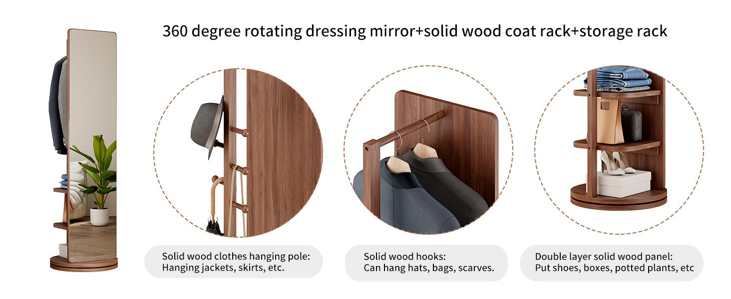 Full Length Mirror with Coat Rack & Storage Hooks, Solid Wood Standing Floor Mirror, Multifunctional Dressing Mirror for Bedroom & Living Room, Space Saving Home Décor Furniture