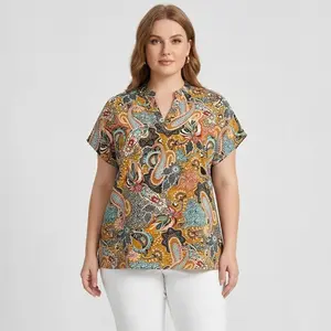 Summer Plus Size V Neck Batwing Sleeve Blouse Casual Floral Print Tops Women Loose Fit Shirt Trendy Plant Design Comfort Wear Womenwear Flowy Love Style Light Weight Green Paisley Shortsleeve