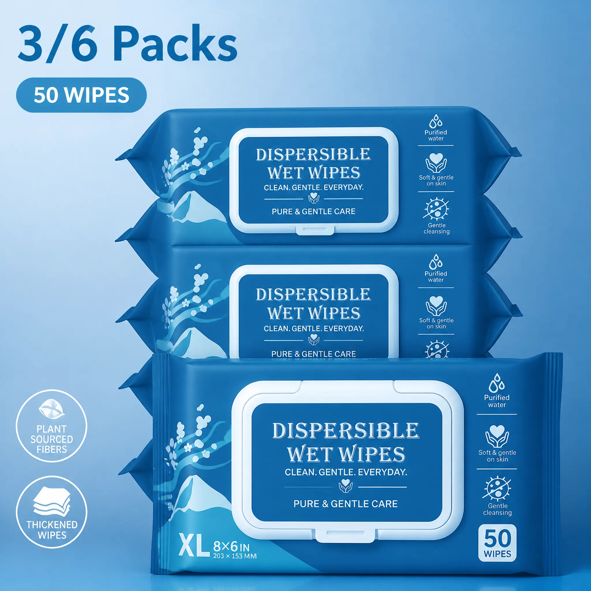 Extra Large Flushable Wet Wipes, Thickened Butt Wipes, 3/6 Packs x 50 Ct, 150/300 Wipes, Septic & Sewer Safe, Quick-Dispersing, No Alcohol, Plant-Based Fibers - Flushable Toilet, Personal & Household Cleaning Wipes