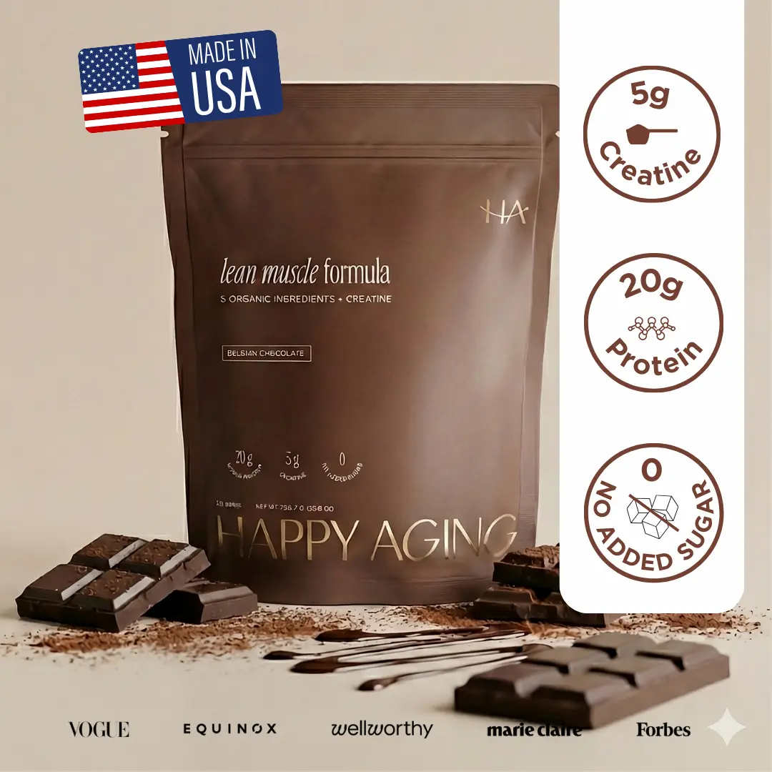 Happy Aging Lean Muscle Vegan Protein Powder with 5 Organic Ingredients and 5g Creatine for Women Belgian Chocolate 20g Protein No Added Sugar