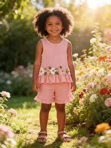 Summer New Girl's Clothing Set, Embroidered Flower Garden Style Sleeveless Top + Sweet Shorts, School Life, Vacation, Date Party