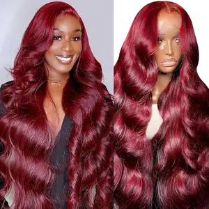 Bling Hair 13x6 99j Body Wave Lace Front Wigs Human Hair Burgundy Red Lace Frontal Wigs Human Hair Brazilian Virgin Hair Wig 180% Density Wine Red Colored Long Wavy Human Hair Wig for Women