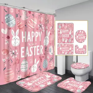 1/4pc Pink Easter Bunny Design Shower Curtain Set, includes non-slip mat, U-shaped rug, and toilet seat cover. Perfect for bathroom decoration, partitioning, and beautifying the space. Comes with 12 shower curtain hooks.