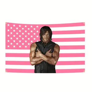 60in x 40in 1pc The Walking Dead Daryl Dixon Norman Reedus Pink American Flag Tapestry - Durable Polyester Wall Hanging Decor for Indoor/Outdoor, Four Copper Holes for Easy Hanging, Perfect for Living Rooms, Bedrooms, Dorms And Outdoor Spaces