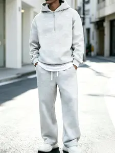 Men's 2-Piece Stylish Long-Sleeve Outfits - Solid Color Half-Zip Hoodie, Drawstring Pocket Sweatpants, Casual Menswear Suitable for Spring, Autumn