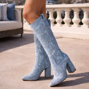 Ariel Denim Rhinestone High Heel Boots