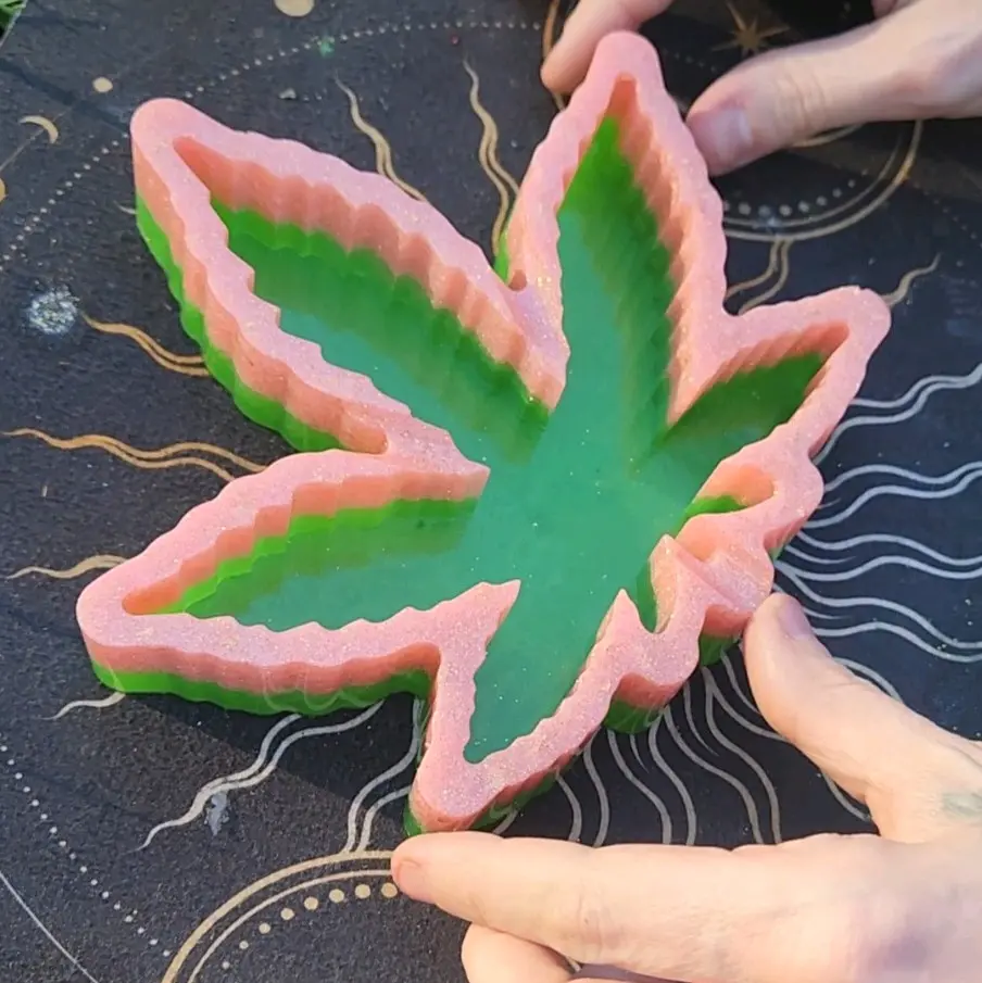 Ashtray Resin Pink Green Glitter Herb Leaf Shaped