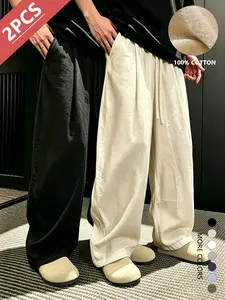 2-pack men’s summer casual long pants, 100% cotton linen, loose straight fit, skin-friendly breathable fabric, SummerWins