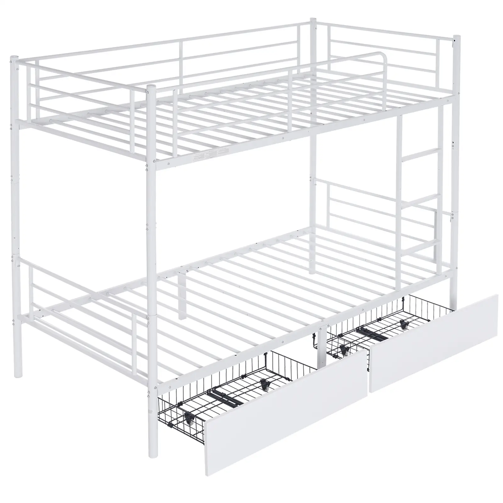 Metal-MDF Modern Twin Over Twin Convertible Bunk Bed - 2 Storage Drawers, Daybed Conversion, Full Guardrails, Solid Finish, Minimalist Indoor Bedroom Furniture