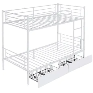 Twin Over Twin Convertible Bunk Bed with 2 Storage Drawers, Metal Bunk Bed Can be Divided Into Two Daybeds, White Bedroom Furniture
