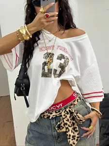 Y2K Vintage Mesh Breathable Sports Ball Shirt Women, V Neck Digital Letter Print Fitted T-Shirt, Street Style Festival Casual Fashion Top