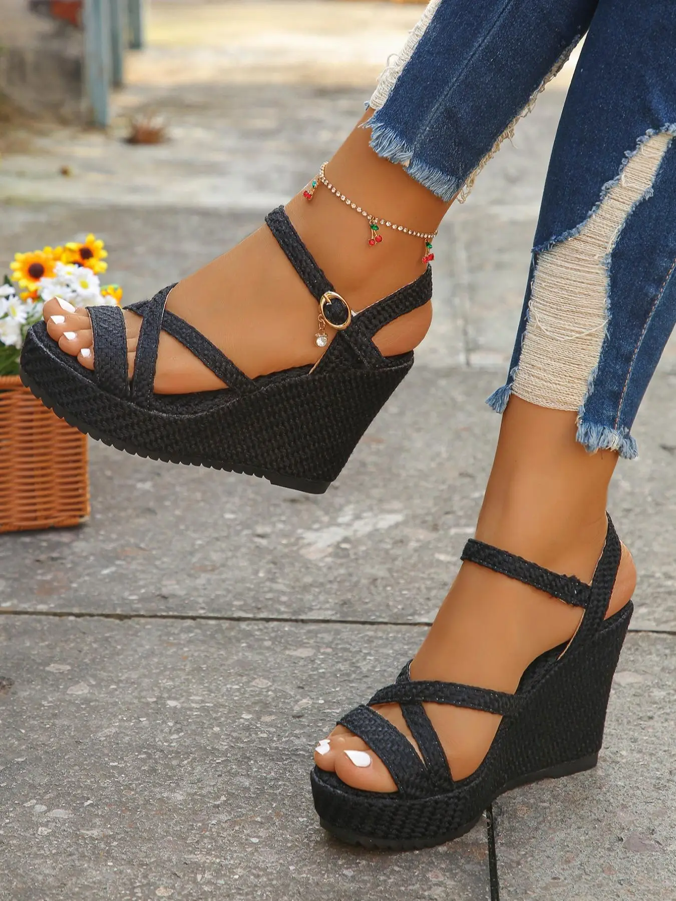 Women's Fashion Criss Cross Strap Design Wedge Sandals, Girl Casual Comfort Thick Sole Sandals for Summer, Lightweight Breathable Walking Shoes for Pa