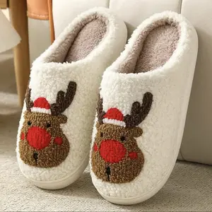 Christmas Reindeer Comfort Warm Fluffy Slippers Women Men Soft Bottom Fur Slides House Cotton Shoes Non-slip Flats Winter