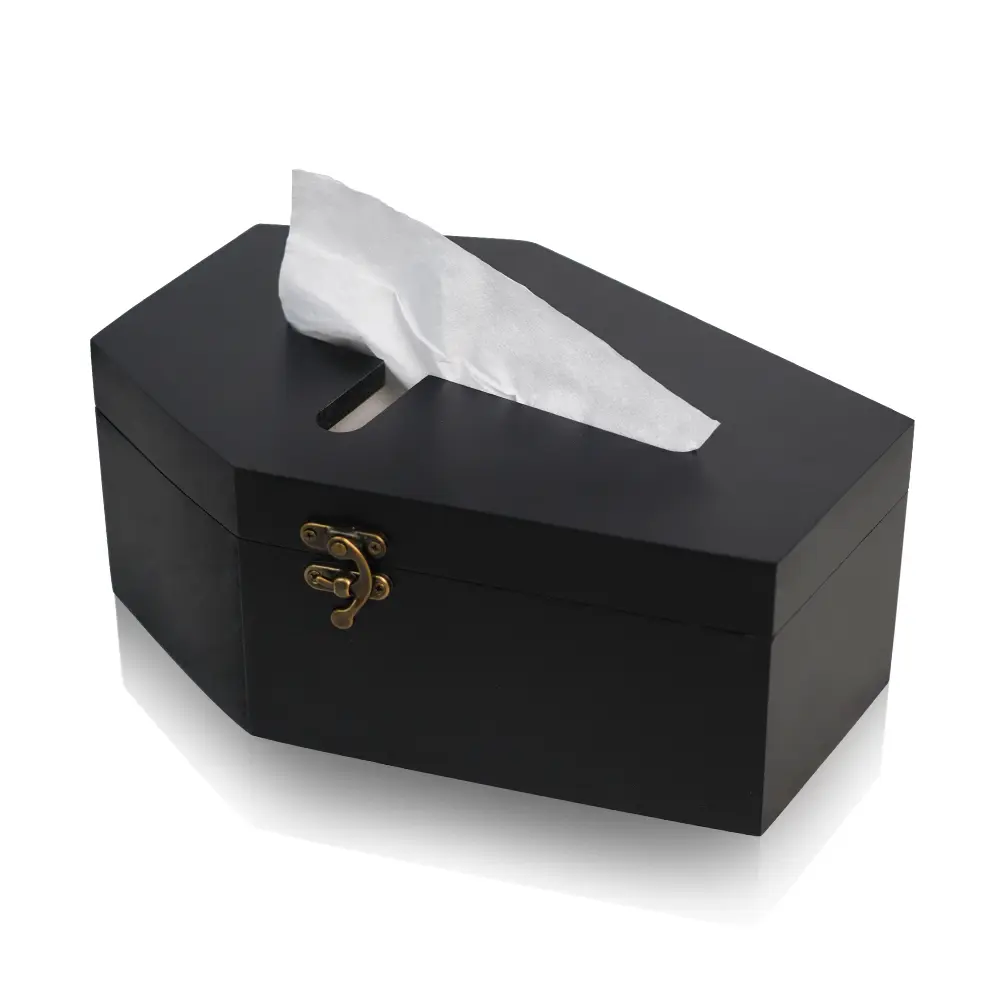 Coffin Tissue Box Holder, Coffin Tissue Box Cover, Black Wooden Coffin Shape Tissue Holder with Cross Design, Unique Gothic Tissue Dispenser Fit Most Square and Rectangle Tissue Gift Organizer Decorative Bathroom