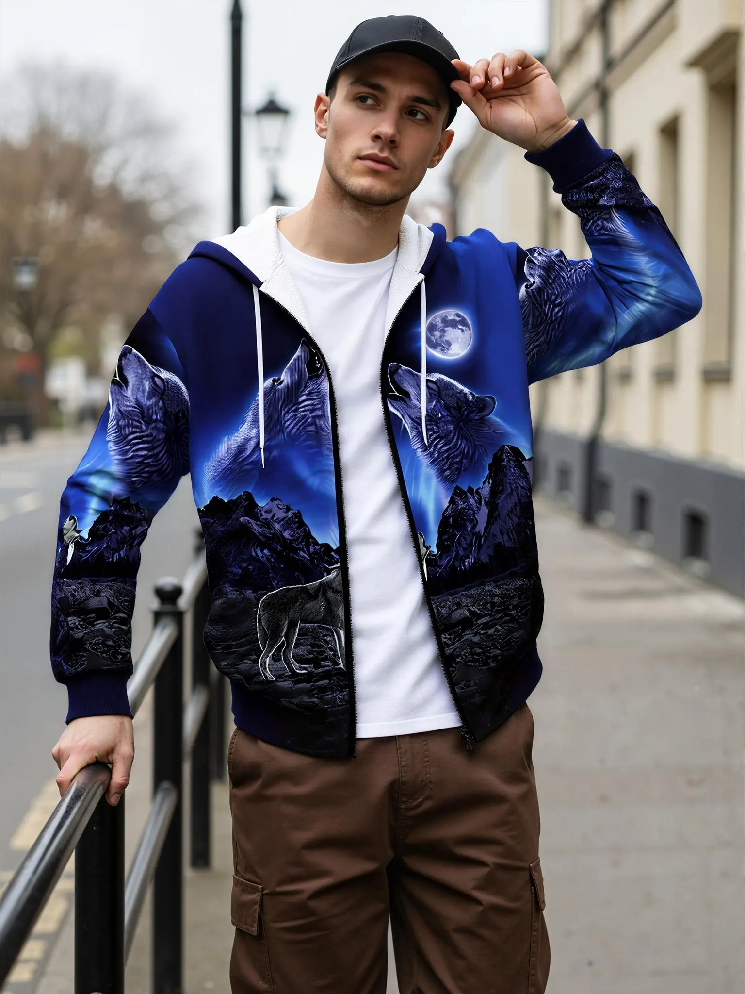 Men's Autumn Winter Hooded Graphic Sweatshirt - Menswear Tops, 3D Wolf Print, Knitted Polyester Fabric, Long-Sleeved, Front Zipper, Machine Washable, Regular Non-Stretchy Casual Comfortable Jacket, Sweatshirts, Longsleeves, Cute, Fitted