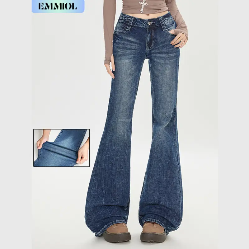 EMMIOL Women’s Y2K Vintage Denim Flare Jeans – Stretch Wide Leg Mid-Low Waist Casual Bootcut Jeans Outfit For Trendy Streetwear