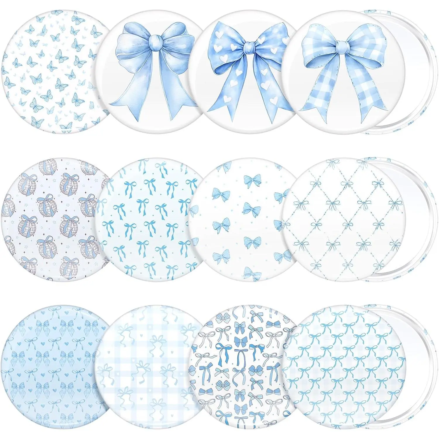 Women's Elegant Bow Mini Compact Glass Mirrors, 12-Pcs Bulk Mini Gifts for Bridesmaid Women's Day Birthday Keepsake, Coquette Aesthetic Pocket Mirrors (Blue), Bows, Feminine