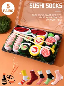 5 Pairs Novelty Mid-Calf Socks, Breathable Soft Socks, Breathable Fabric Socks, Spring Summer New Unisex Gift Socks, Sushi Box Set, Creative Food Design, Ideal gift for Valentine's Day/Easter/Ramadan/Super Bowl/Family Day