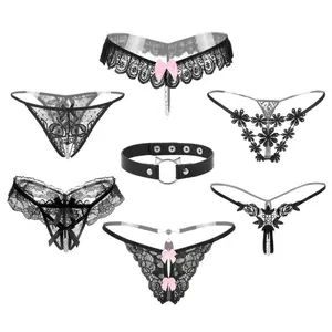 7 Pcs Sexy Lace Thong Set – Floral & Bow Design, Pearl Crotch Lingerie with Choker for Women Underwear Low Rise Panties Womenswear Bridal