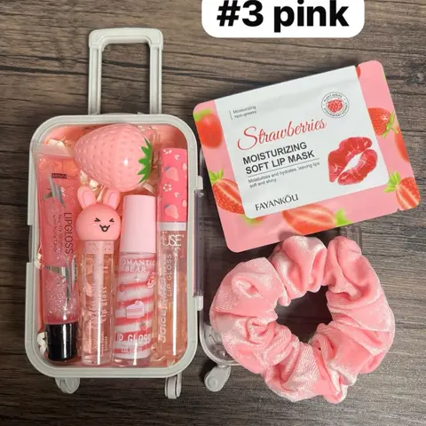 Mini Suitcase Lip Gloss Bundle ( lip oil, lip gloss, lip balm + scrunchie+ random hydrating lip mask)