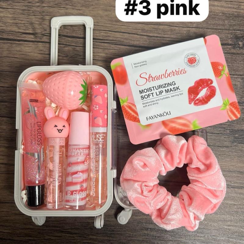 Mini Suitcase Lip Gloss Bundle ( lip oil, lip gloss, lip balm + scrunchie+ random hydrating lip mask)