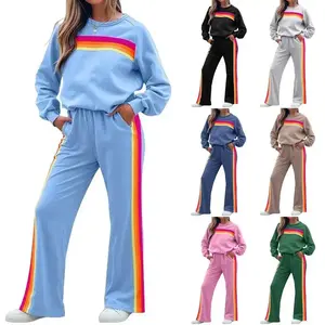 Thick-fabric rainbow pullover set for women, 2025 winter long-sleeved pants two-piece set | Women's 2025 Winter Fleece-Lined Rainbow Hoodie Set  |