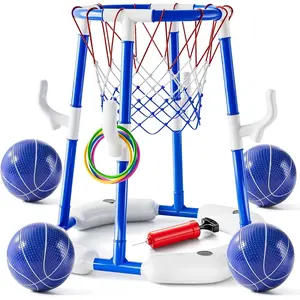 2-in-1 Versatile Pool Basketball Hoop & Ring Game Set – Summer Outdoor Swimming Pool Games with 4 Balls, 12 Rings & Pump, Family Party Fun for Adults & Teens, Active Water Play Vibe