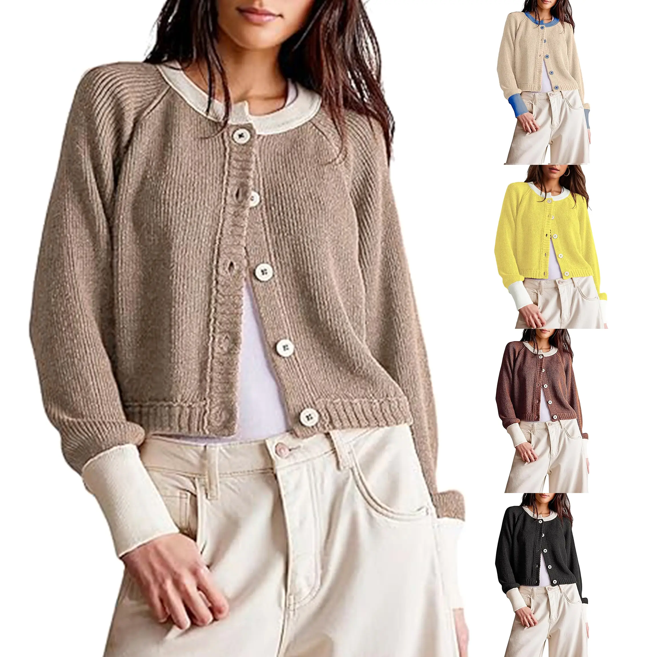 Buenoble Women's Cropped Cardigan Sweaters Fall Long Sleeve Open Front Cardigans Button Down Color Block Knit Outwear