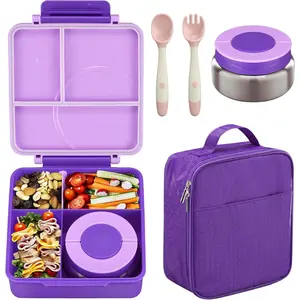 Bento Lunch Box Set for Kids with 8oz Soup Thermo, Leak-Proof Lunch Containers with 4 Compartment, Kids Thermo Hot Food Jar and Insulated Lunch Bag for Kids to School-Purple