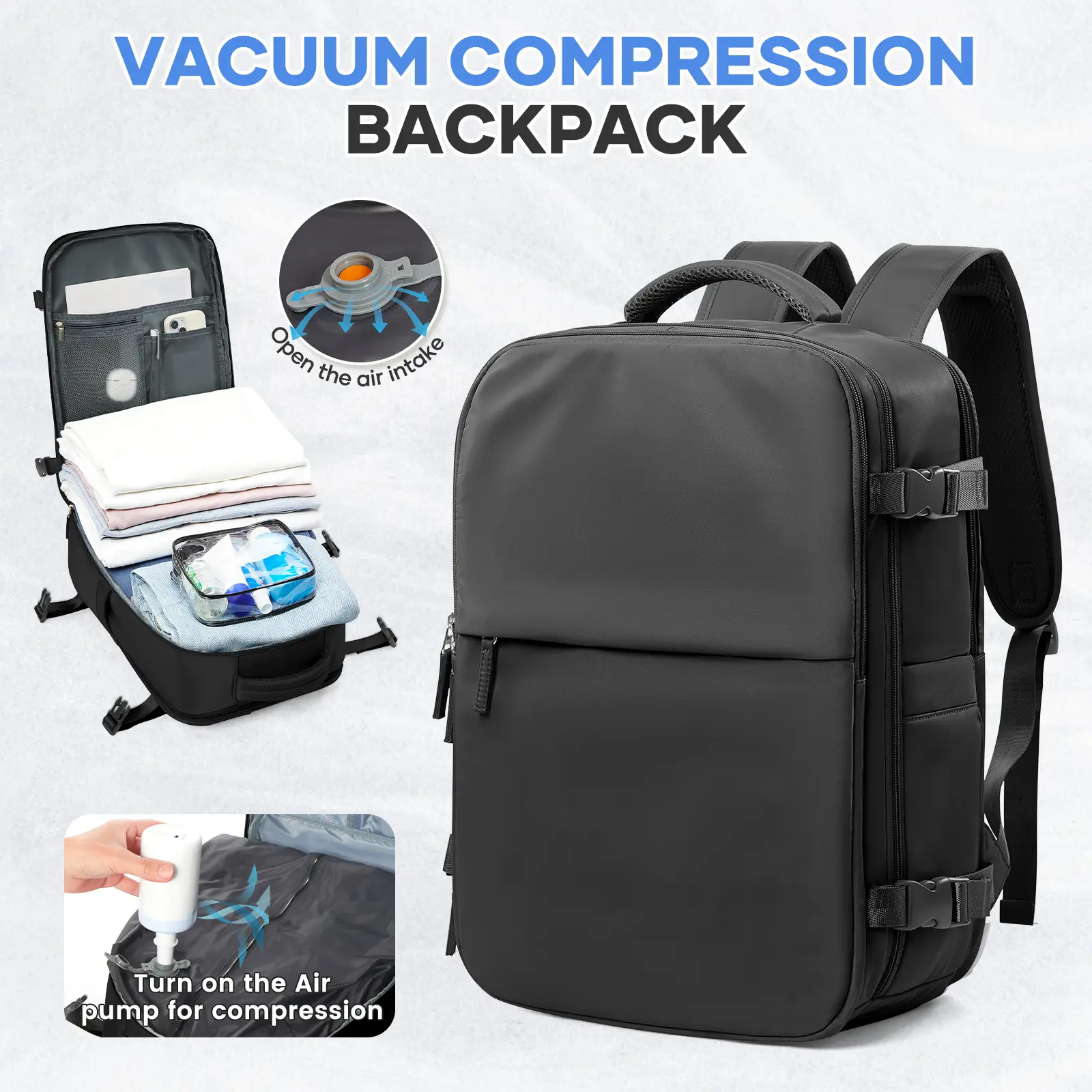 Vacuum Travel Backpack - Save 30% Space with Compression, Carry-On Size, Wet & Dry Separation