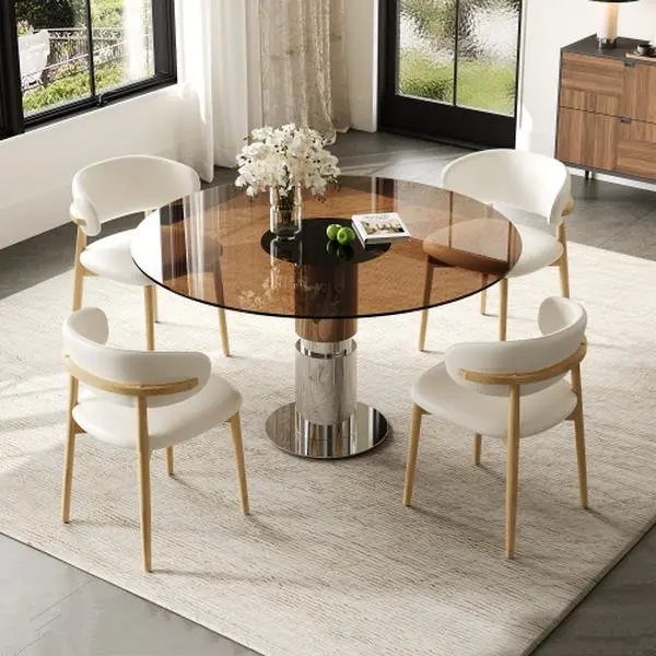 Bellemave 35-in Round Glass & Metal Dining Table Set with 4 Durable Dining Chairs, 2-4 Seater Scratch-Resistant Tempered Glass Top, Stainless Steel Legs, 35.40x35.40x29.50in, 73.40 lbs, Ideal for Apartments, Requires Assembly