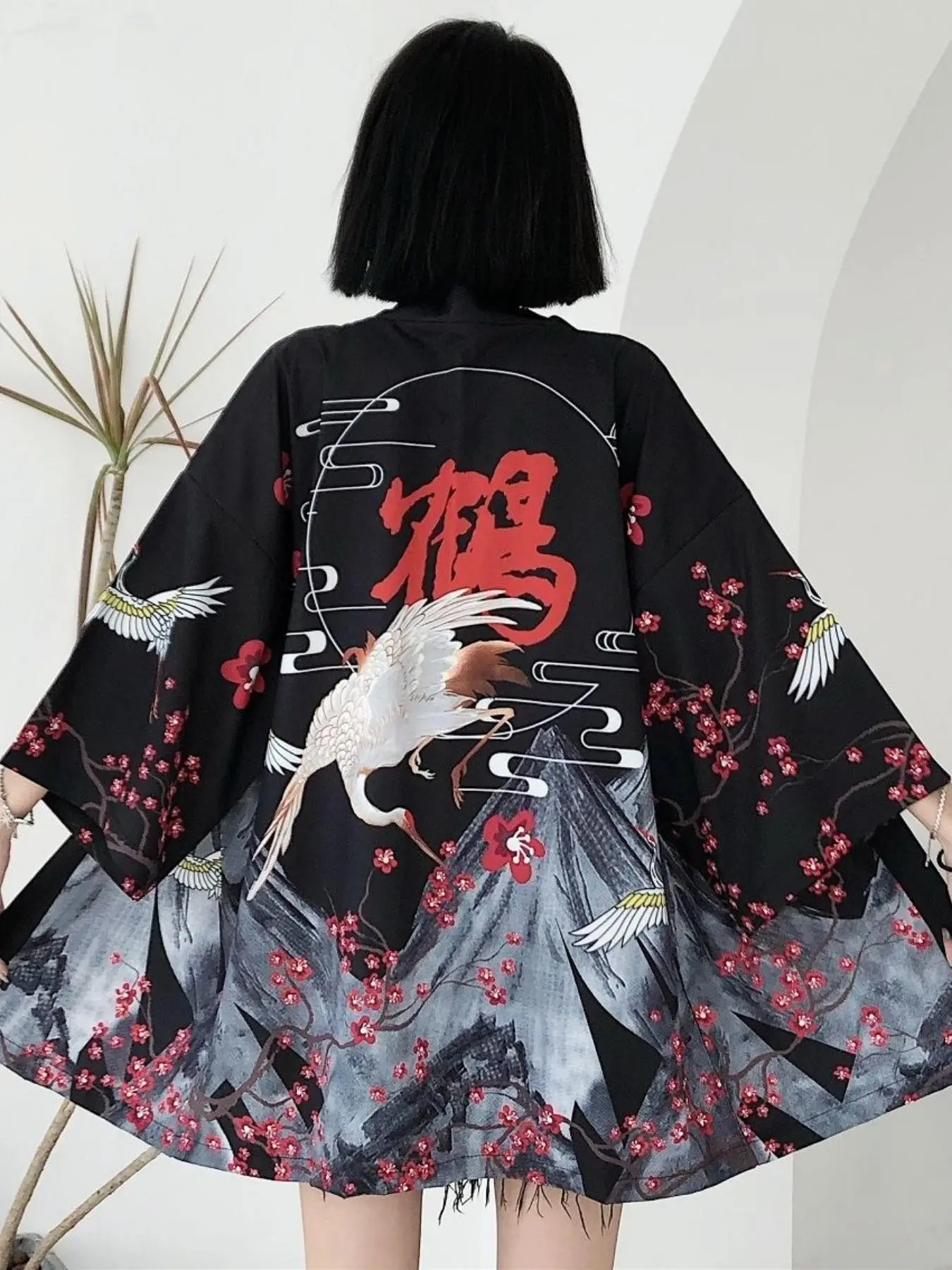 Japanese Retro Crane Print Cosplay Kimono, Womenswear Chinese Style Streetwear Sun Protection Jacket, Thin Cardigan Robe Shirt Outerwear