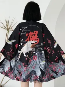 Japanese Retro Crane Print Cosplay Kimono, Womenswear Chinese Style Streetwear Sun Protection Jacket, Thin Cardigan Robe Shirt Outerwear