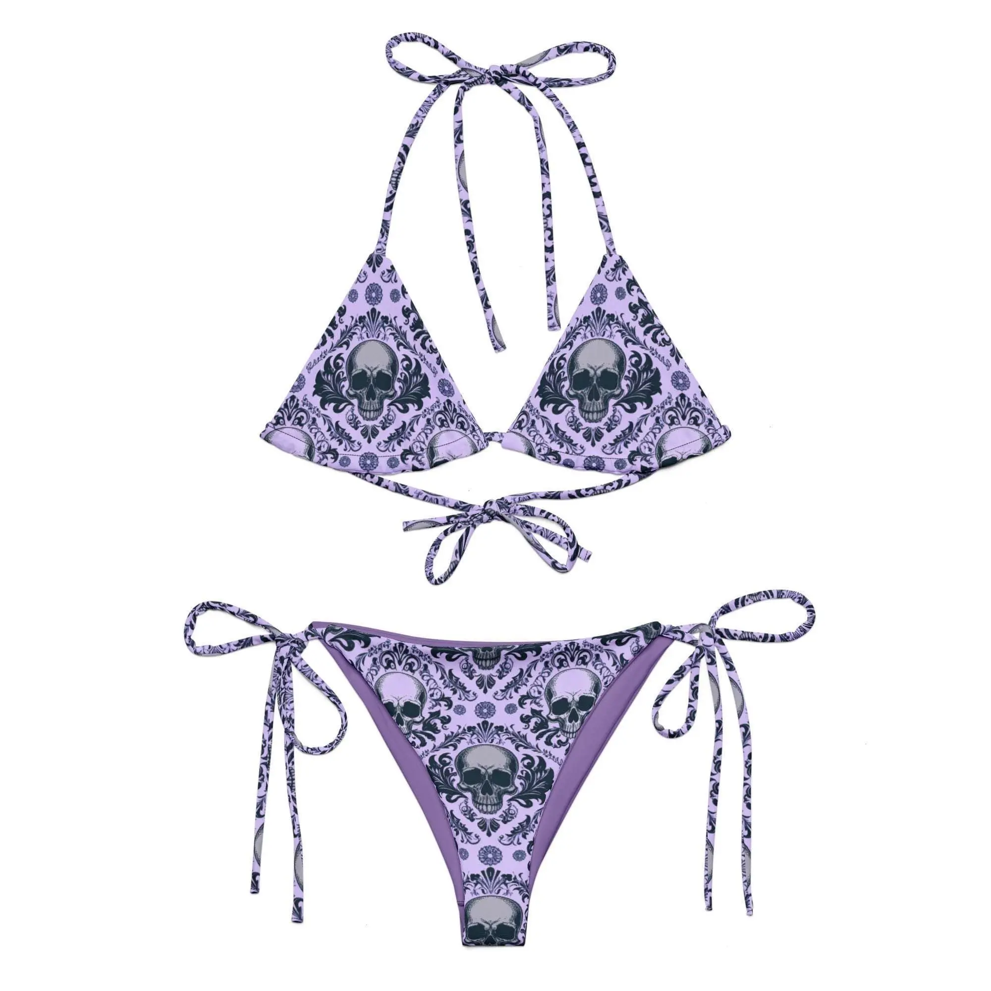 Purple Skull String Bikini: Gothic Swimsuit, Adjustable Straps
