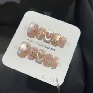 10pcs high-end Hand-painted blue small flower summer dopamine cat's eye heart-shaped bow sequins handmade, Glossy Glittering fake nails Flower Design Nails