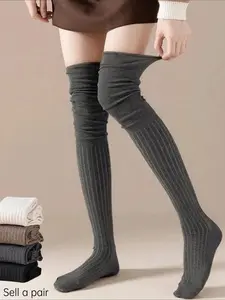 1 Pair Knee High Stacked Socks, Casual Comfy Socks, Thin Breathable Solid Color Patchwork Stockings, High Elastic Stretchy Soft Fabric, Comfortable Legwear, Casual Long Socks for Women Girls Daily Street Home All Season