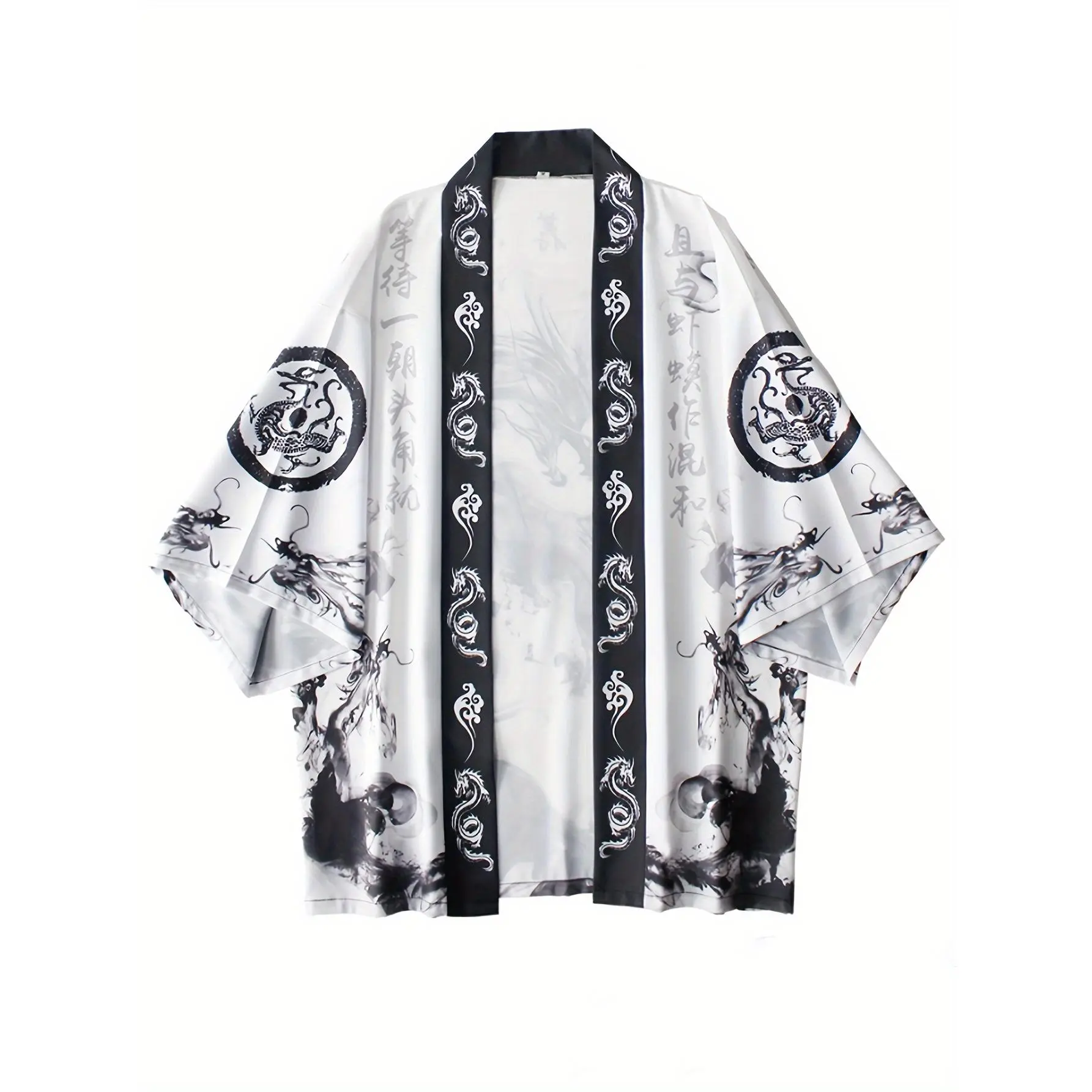 Men's Dragon Print Kimono Cardigan - Ethnic Style Menswear Workwear Casual Lightweight Polyester, Open Front, 3/4 Sleeve, Loose Fit Clothes, Mens Clothing, Tribe Pattern, Loose Length, Uniforms, Relaxed Fit, Woven