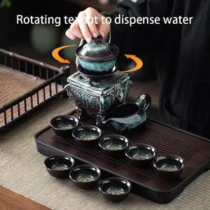 Ceramic Tea Set, 1 Set Creative Rotating Tea Pot with Tea Cups & Tea Tray, Tea Making Tool for Home Office Use